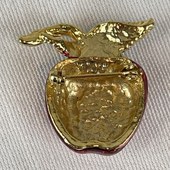 Vintage Apple Brooch Gold Tone Red Green Enamel Gloss Coated Pin Fruit Teacher - Picture 5 of 7